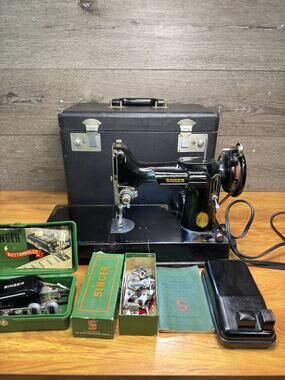 Vintage 1950s Singer Featherweight 221 Sewing Machine w/ Case & Accessories